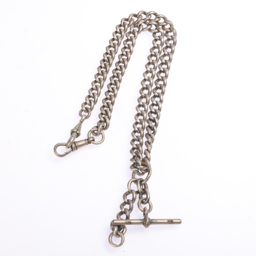 1430 - An Antique silver solid curb link Albert chain necklace, with slider T-bar and 2 dog clips, 40cm, 69... 