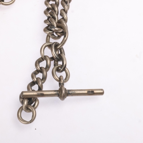 1430 - An Antique silver solid curb link Albert chain necklace, with slider T-bar and 2 dog clips, 40cm, 69... 