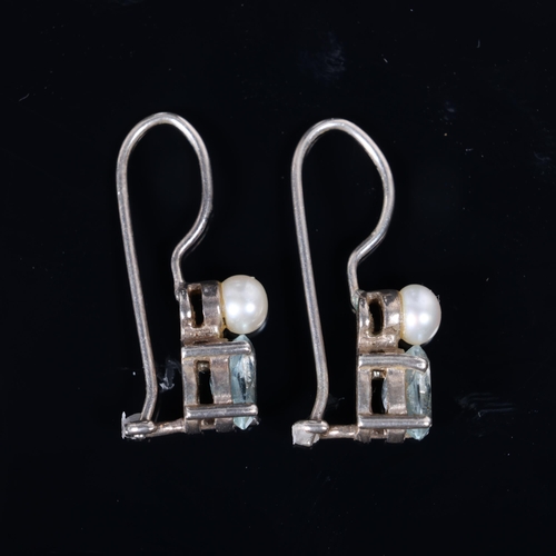 1432 - A pair of sterling silver aquamarine and pearl earrings, with kidney fittings, 21.3mm, 1.8g