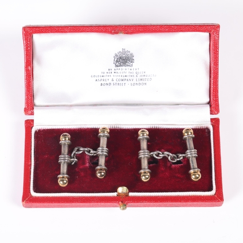 1436 - DEAKIN & FRANCIS - a pair of sterling silver and 9ct gold bar cufflinks, Birmingham 1982, 25.1mm, 10... 