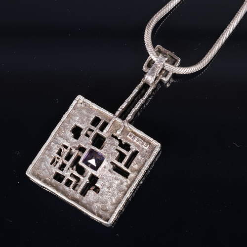 1444 - HERMANN SIERSBOL - a Danish brutalist sterling silver purple paste abstract pendant necklace, textur... 