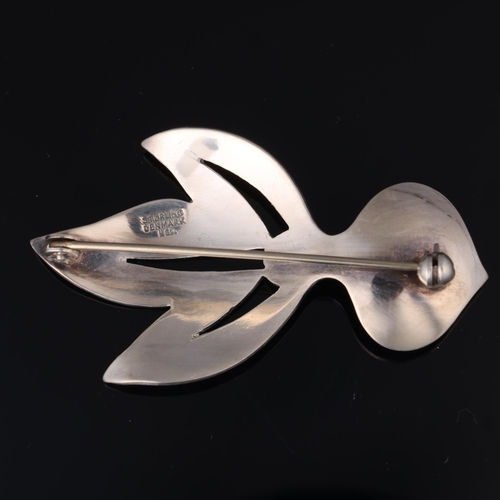 1453 - HUGO GRUN - a Danish modernist sterling silver chalcedony floral brooch, 54.6mm, 9.7g