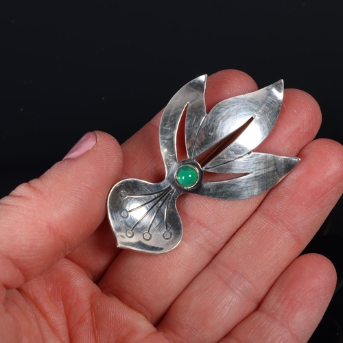 1453 - HUGO GRUN - a Danish modernist sterling silver chalcedony floral brooch, 54.6mm, 9.7g