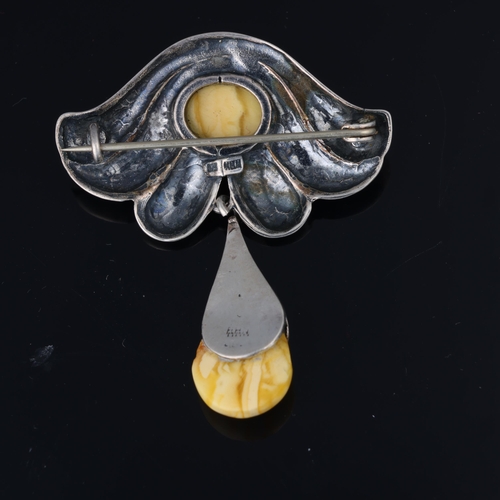 1470 - HANS HENRIK NYGAARD - an Art Nouveau Danish silver and amber drop brooch, 45.1mm, 7.4g