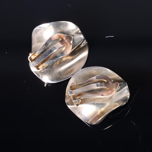 1483 - HANS HANSEN - a pair of Danish modernist sterling silver abstract fold clip-on earrings, 23mm, 14.1g