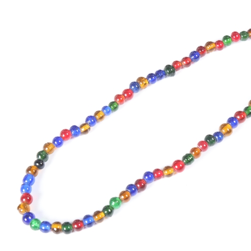 1485 - A Vintage single-strand multi-colour glass bead necklace, 108cm, 83.2g