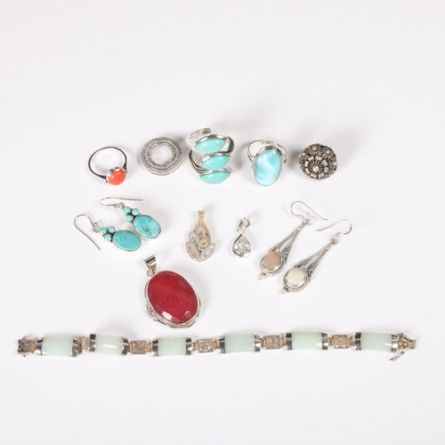 1486 - Various silver jewellery, including jade bracelet, turquoise ring, earrings, etc, 79.7g gross