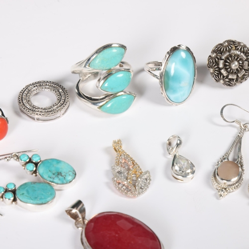 1486 - Various silver jewellery, including jade bracelet, turquoise ring, earrings, etc, 79.7g gross