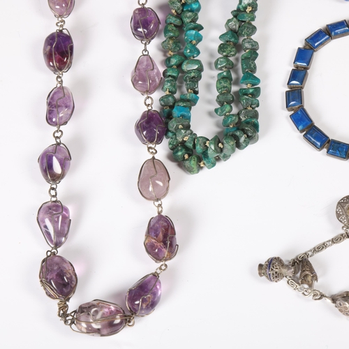 1487 - Various jewellery, including amethyst bead necklace, Chinese cinnabar bangle, turquoise necklace, et... 