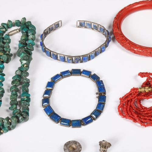 1487 - Various jewellery, including amethyst bead necklace, Chinese cinnabar bangle, turquoise necklace, et... 