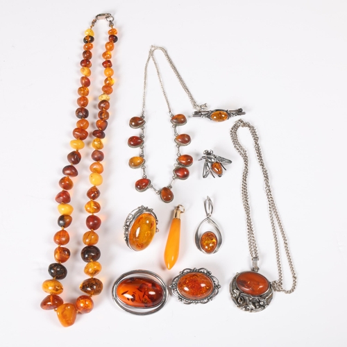 1489 - Various silver and amber jewellery, including bead necklace, ring, pendant etc