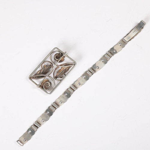 1496 - JOS KAHN - an Art Nouveau Danish silver floral bracelet and brooch set, bracelet 19cm, brooch 47.1mm... 