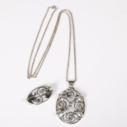 1497 - 2 Art Nouveau Danish silver floral pieces of jewellery, comprising pendant necklace and brooch, make... 