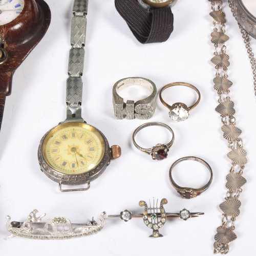 1513 - Various jewellery, including 1970s silver initial ring, hinged bangle, paste ring, fob watches, etc