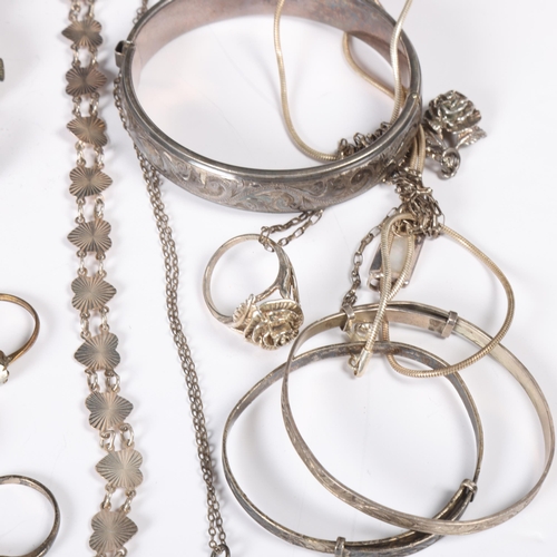 1513 - Various jewellery, including 1970s silver initial ring, hinged bangle, paste ring, fob watches, etc