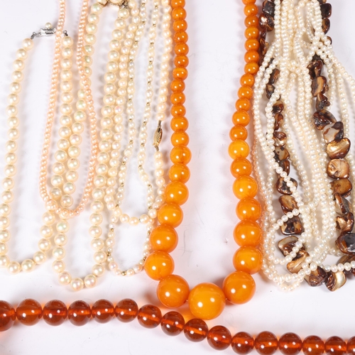 1520 - Various jewellery, including multi-strand pearl bead necklace, amber bead necklace, pair of Sobral b... 