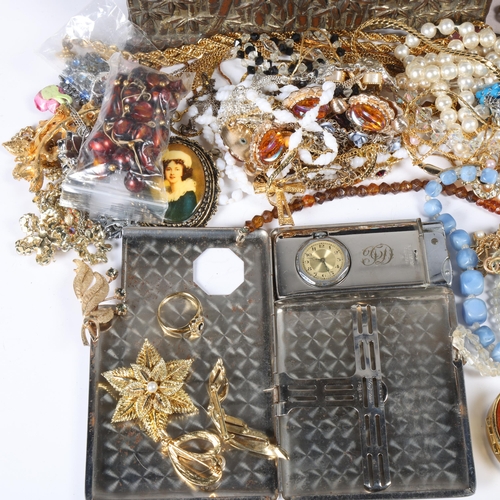 1523 - A quantity of costume jewellery, including pearl necklaces, Japanese antimony cigarette box (A/F), S... 