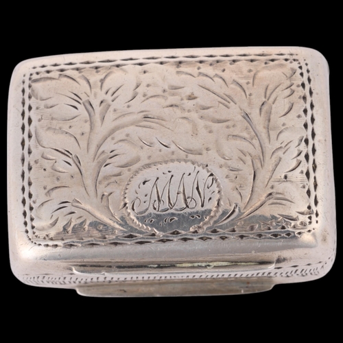 1570 - A William IV silver vinaigrette, indistinct maker, Birmingham 1834, rectangular form with bright-cut... 