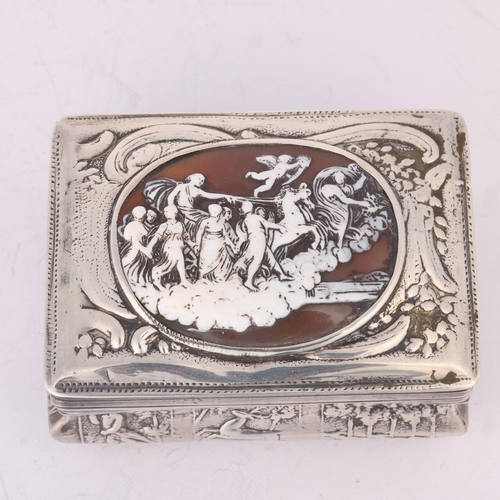 1574 - An Antique Dutch silver table snuff box, shaped rectangular form, with inset relief carved shell cam... 