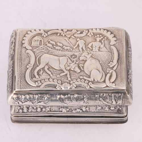 1574 - An Antique Dutch silver table snuff box, shaped rectangular form, with inset relief carved shell cam... 