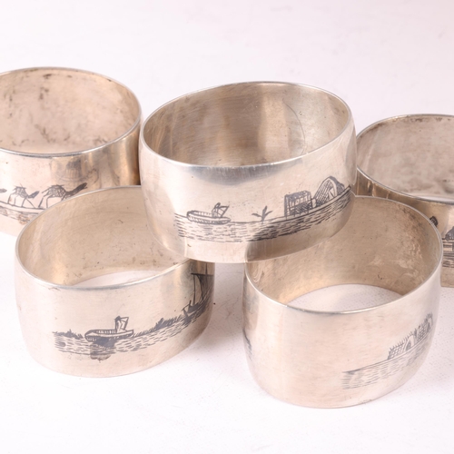 1608 - A set of 6 Iraqi silver and niello napkin rings, 4.5cm, 3.6oz total