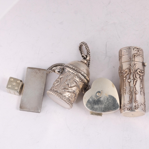 1626 - Various silver, including ingot, sewing thread travelling case, heart pillbox, etc