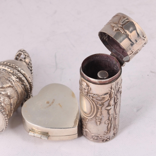 1626 - Various silver, including ingot, sewing thread travelling case, heart pillbox, etc