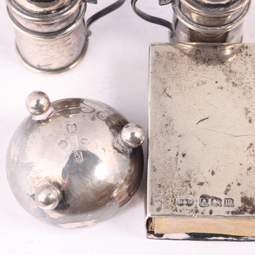 1627 - Various silver, including pair of miniature dredger pepperettes, matchbox holder, etc, 2.2oz gross