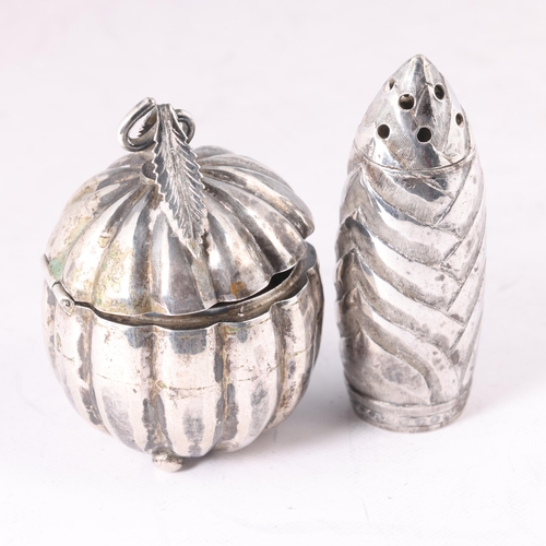 1629 - An Antique novelty silver 'Pumpkin' mustard pot, unmarked, and an Indian silver pepperette, 5.5cm (2... 