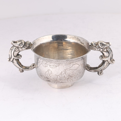 1630 - An Antique Chinese silver 2-handled tea bowl, 18th century, circular form, with engraved figural dec... 