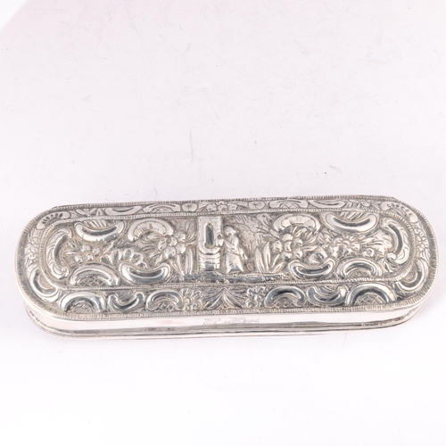 1631 - An 18th century Dutch silver tobacco box, possibly Batavian or Dutch Colonial, long oval form, with ... 