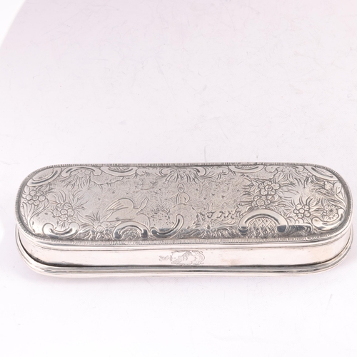 1631 - An 18th century Dutch silver tobacco box, possibly Batavian or Dutch Colonial, long oval form, with ... 