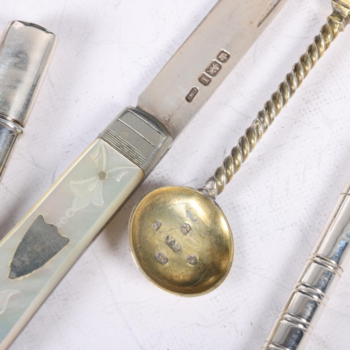 1633 - Various silver, including propelling ballpoint pen, mother-of-pearl handled fruit knife, etc