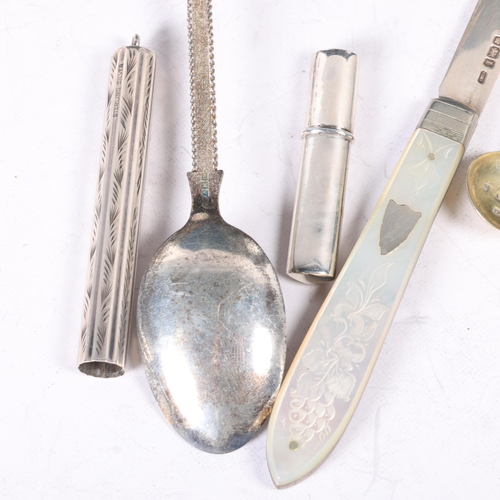 1633 - Various silver, including propelling ballpoint pen, mother-of-pearl handled fruit knife, etc