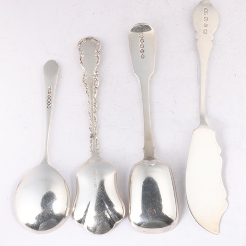 1646 - Various silver flatware, including preserve spoon, shovel spoon, butter knife, etc, 3oz total