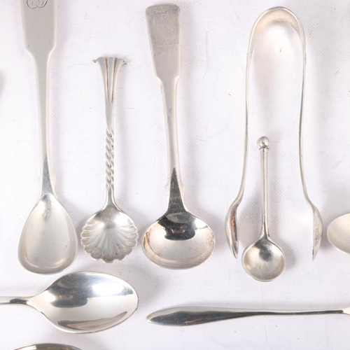 1650 - Various silver flatware, including pickle fork, scraper, salt spoons, etc, 3.5oz total