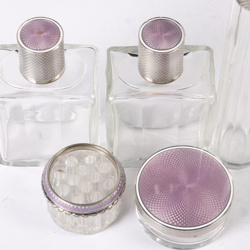 1652 - An Art Deco French silver and lilac enamel 5-piece travelling dressing table set, circa 1920, includ... 