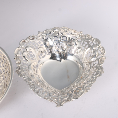 1654 - 2 silver bon bon dishes, comprising heart example, Birmingham 1892, and circular example by William ... 