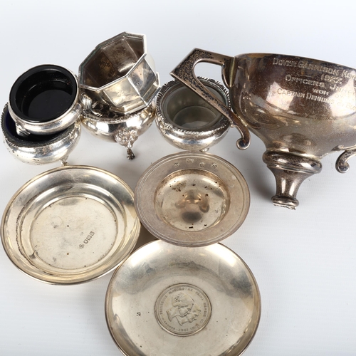 1657 - Various silver, including trophy top, salt cellars, dishes, etc, 16.5oz weighable