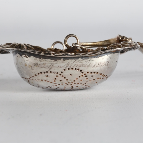 1665 - Am Antique Danish silver tea strainer basket, relief embossed foliate border with pierced bowl, 6cm ... 