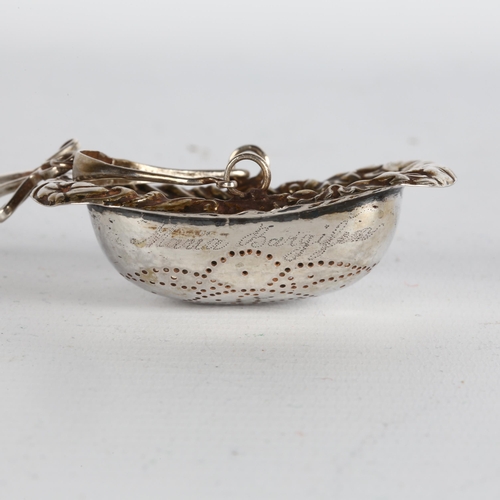 1665 - Am Antique Danish silver tea strainer basket, relief embossed foliate border with pierced bowl, 6cm ... 