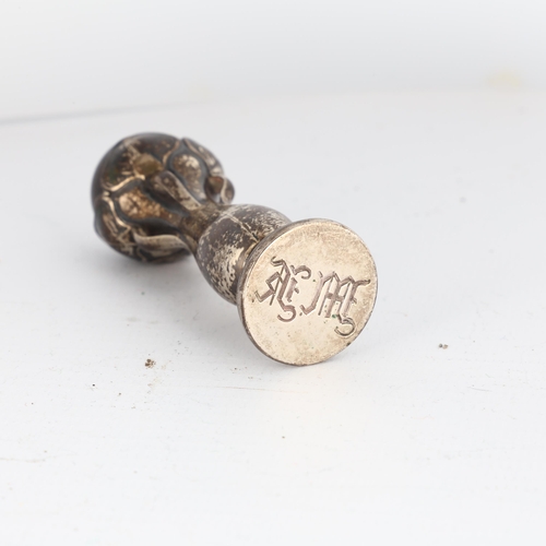 1667 - An Art Nouveau Danish silver desk seal, with turned hardwood sphere and engraved initials MK, 7cm