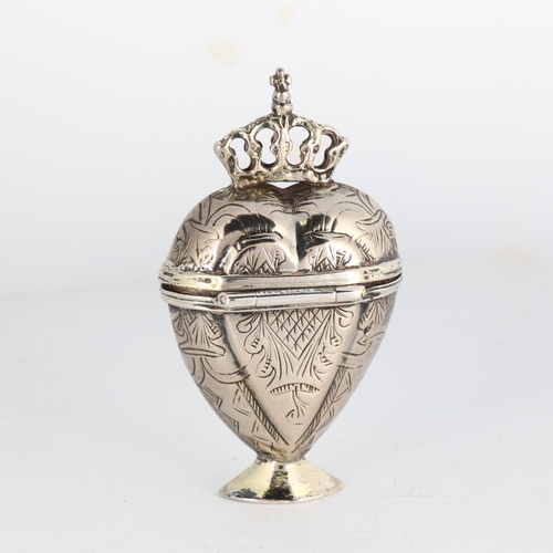 1670 - An Antique Scandinavian silver heart marriage box, 18th century, relief embossed foliate decoration ... 