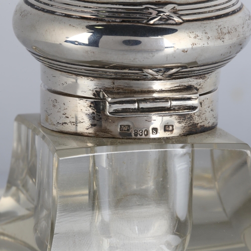 1678 - An Art Deco Danish silver-mounted glass desk stand inkwell, with relief embossed hinged cap and pen ... 