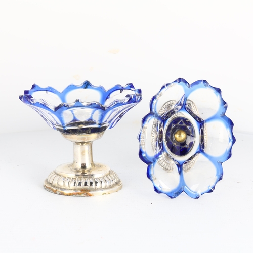 1679 - A pair of Antique Danish silver plated cameo glass table salt cellars, with lobed blue and clear gla... 