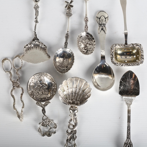 1681 - Various Continental silver flatware, including Danish tea strainer spoon, shell tea caddy spoon, Dan... 