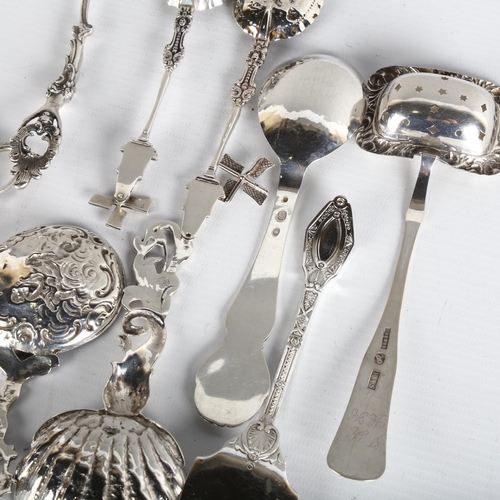 1681 - Various Continental silver flatware, including Danish tea strainer spoon, shell tea caddy spoon, Dan... 