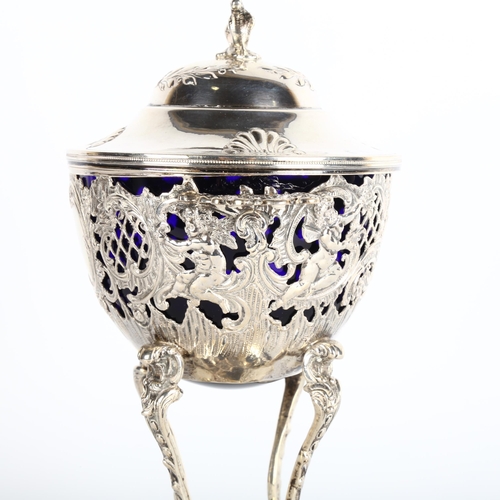 1691 - An Antique Continental 830 silver sweetmeat jar and cover, 2-handled urn form, with relief embossed ... 