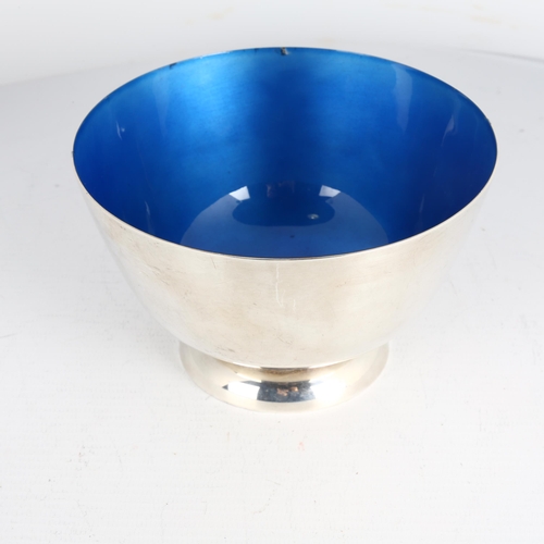 1705 - An Art Deco American sterling silver blue enamel pedestal bowl, Towle Silversmiths, circular flared ... 