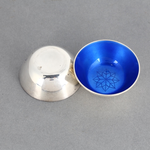 1707 - ANTON MICHELSEN - a pair of Danish modernist sterling silver blue enamel salt cellar cruets, with fl... 